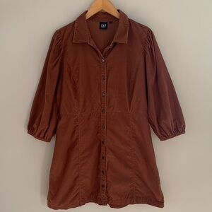GAP Soft Corduroy A-Line Puff Sleeve Mini Shirt Dress Size Large Saddle Brown